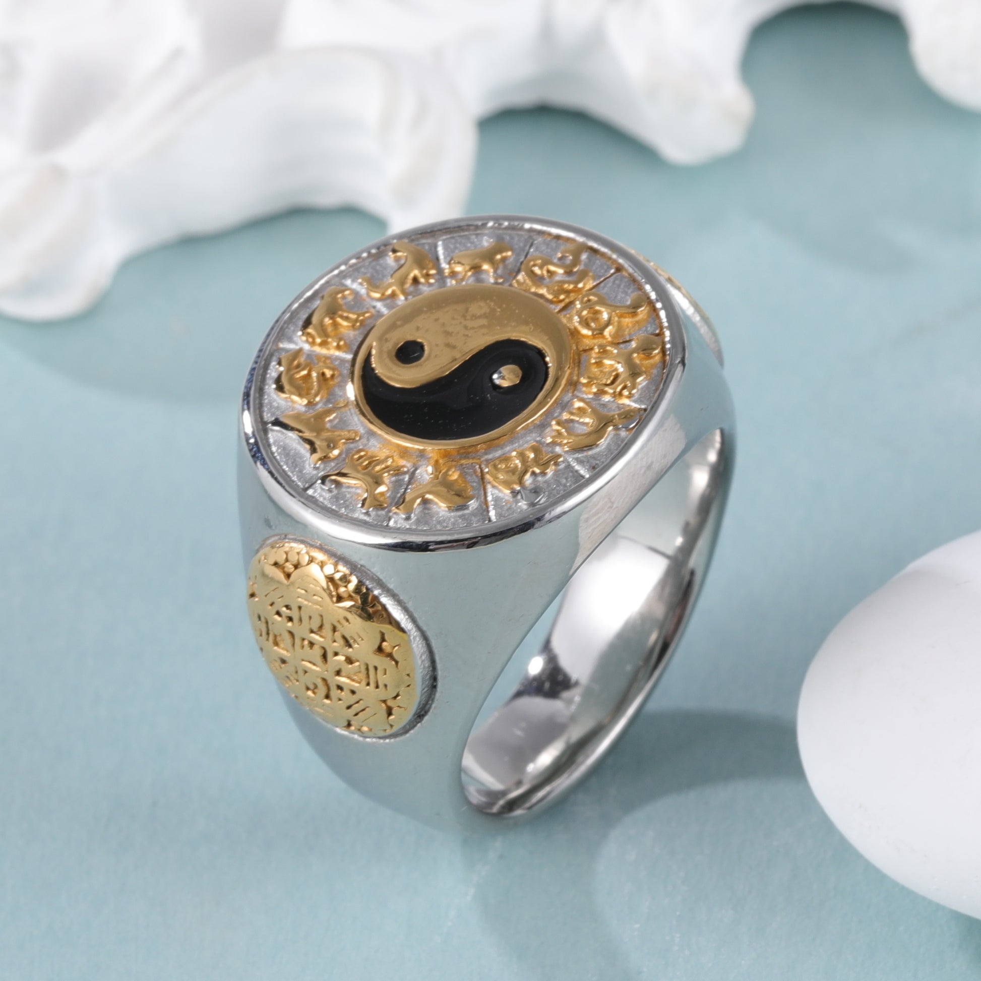 Yin-Yang Stainless Steel Ring with Yin-Yang Tai Chi and Zodiac Animal Symbols, Classic Chinese Style, Perfect Fashion Ring for Men, Ideal Gift