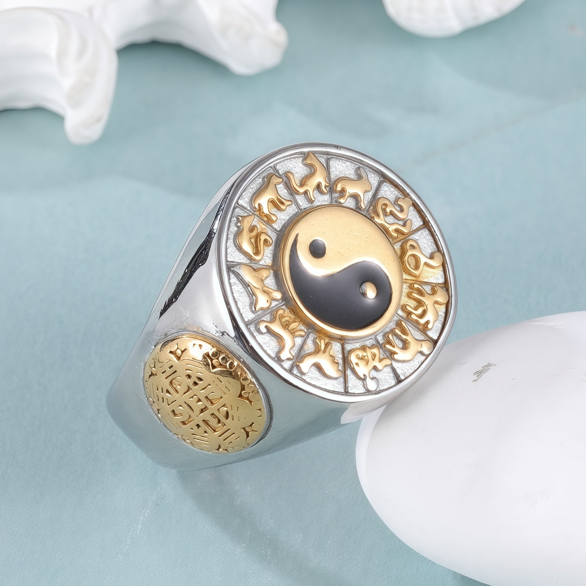 Yin-Yang Stainless Steel Ring with Yin-Yang Tai Chi and Zodiac Animal Symbols, Classic Chinese Style, Perfect Fashion Ring for Men, Ideal Gift