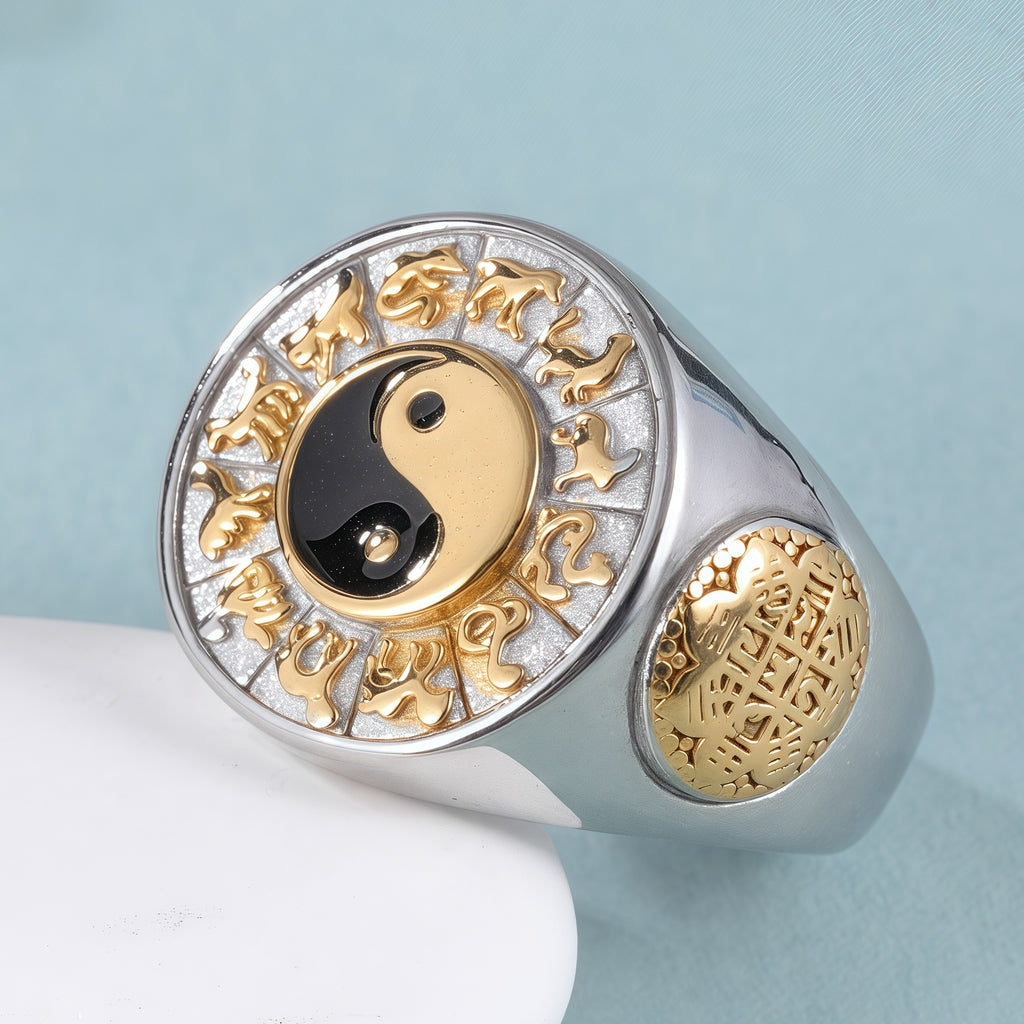 Yin-Yang Stainless Steel Ring with Yin-Yang Tai Chi and Zodiac Animal Symbols, Classic Chinese Style, Perfect Fashion Ring for Men, Ideal Gift