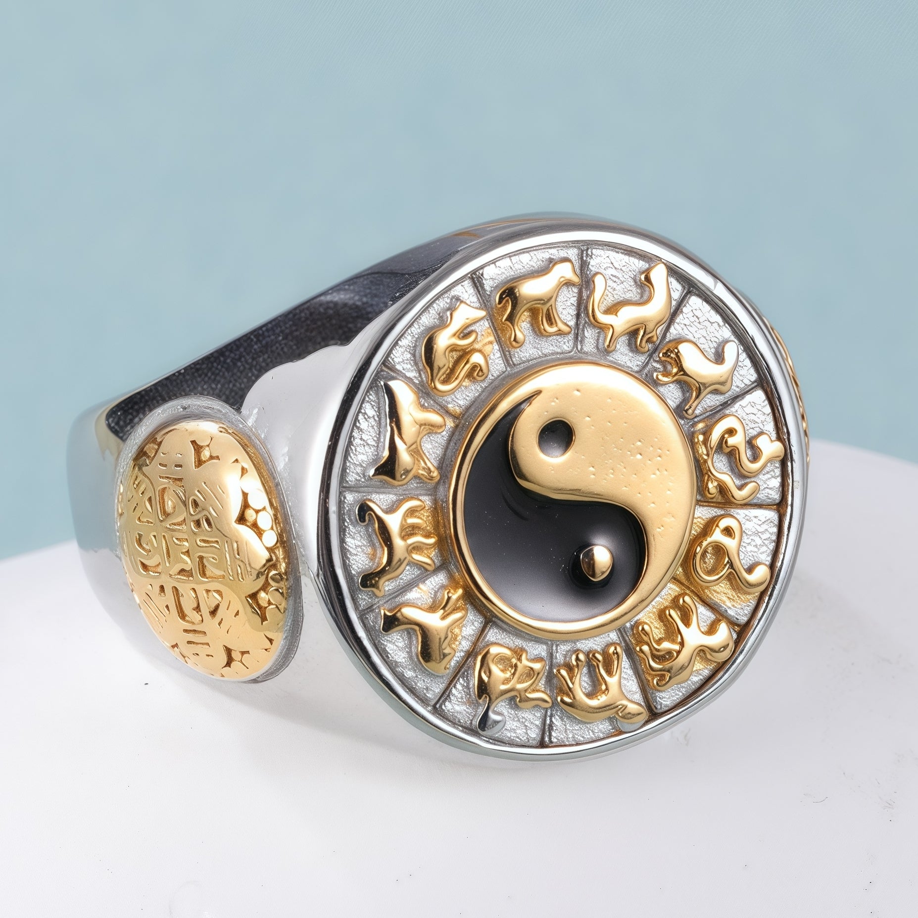 Yin-Yang Stainless Steel Ring with Yin-Yang Tai Chi and Zodiac Animal Symbols, Classic Chinese Style, Perfect Fashion Ring for Men, Ideal Gift