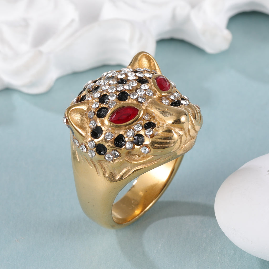 Panther Head Shining Hip Hop Inlaid Red And Black Brick Design Gold Stainless Steel Ring丨G00981