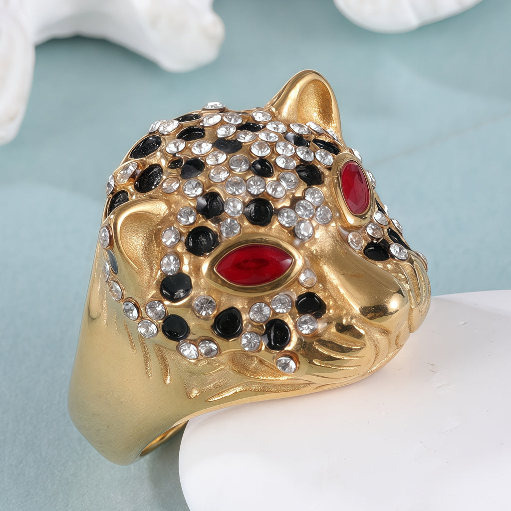 Panther Head Shining Hip Hop Inlaid Red And Black Brick Design Gold Stainless Steel Ring丨G00981