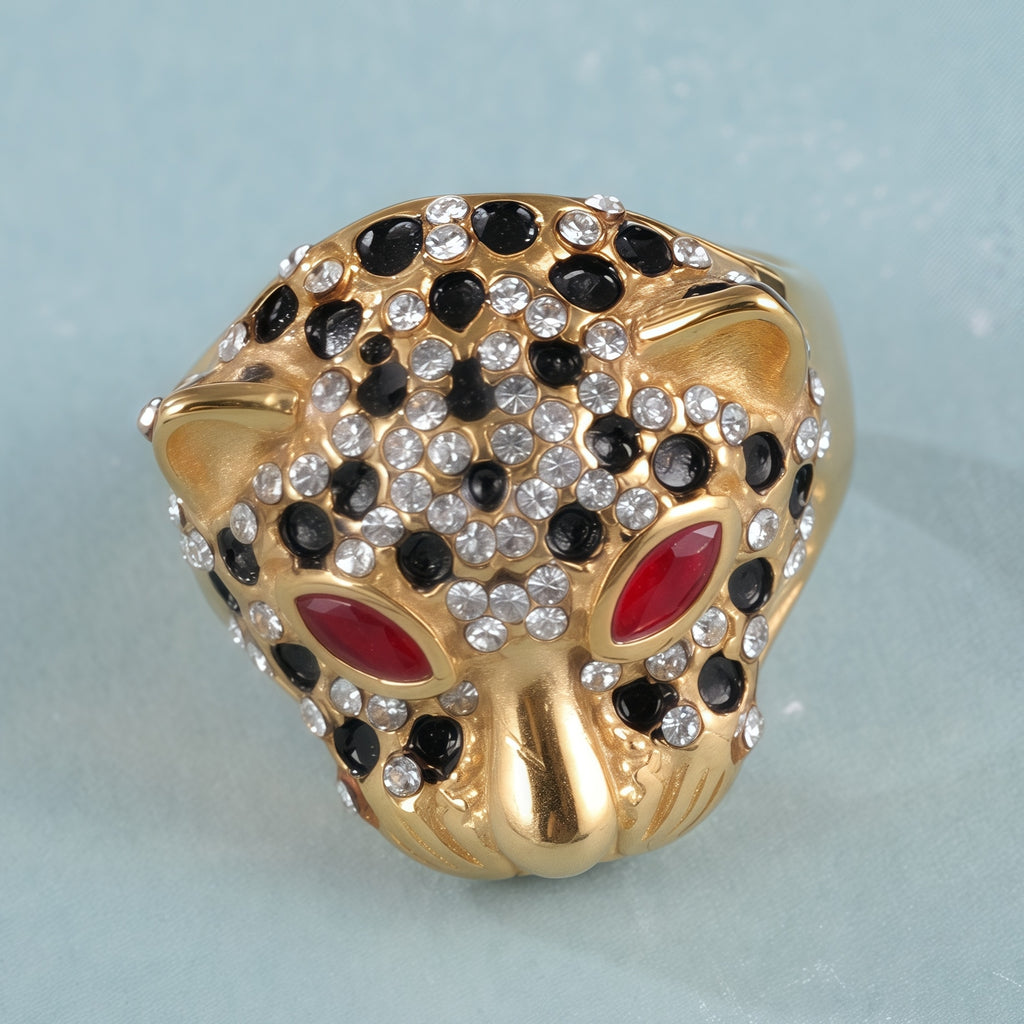 Panther Head Shining Hip Hop Inlaid Red And Black Brick Design Gold Stainless Steel Ring丨G00981