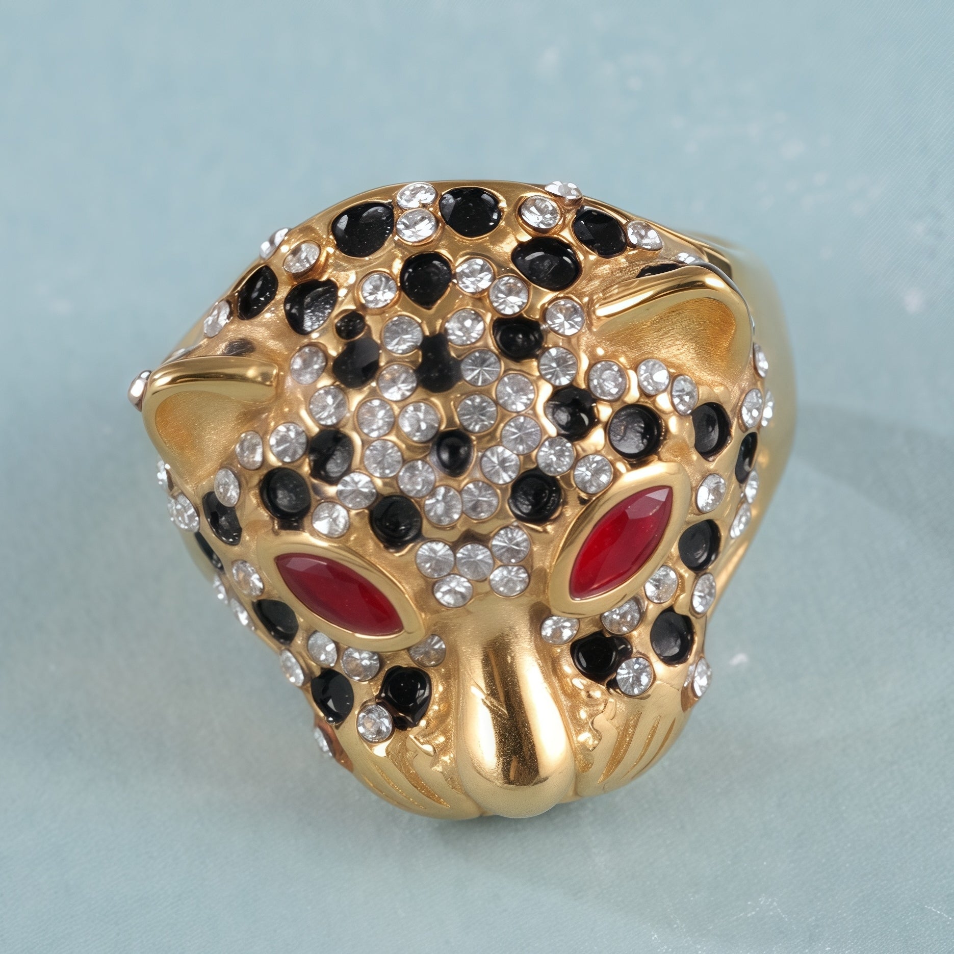 Panther Head Shining Hip Hop Inlaid Red And Black Brick Design Gold Stainless Steel Ring丨G00981