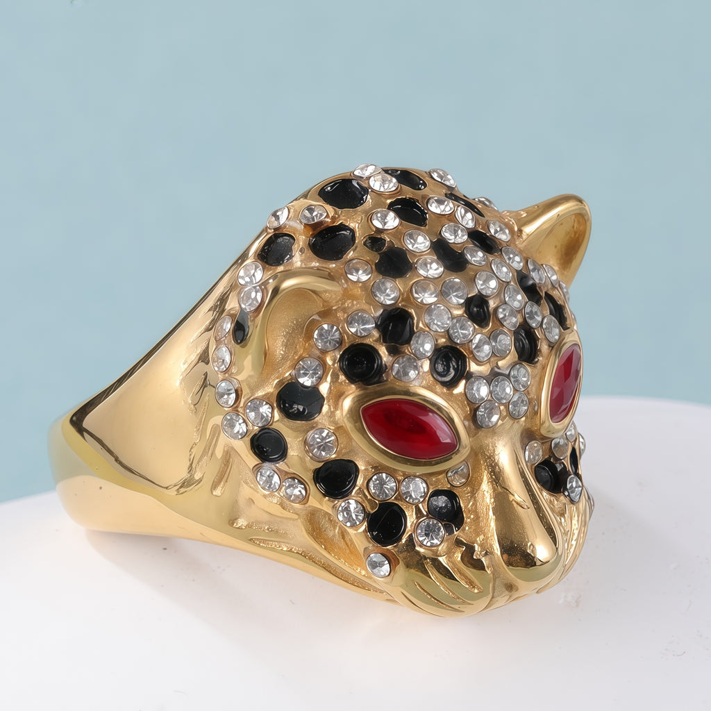 Panther Head Shining Hip Hop Inlaid Red And Black Brick Design Gold Stainless Steel Ring丨G00981