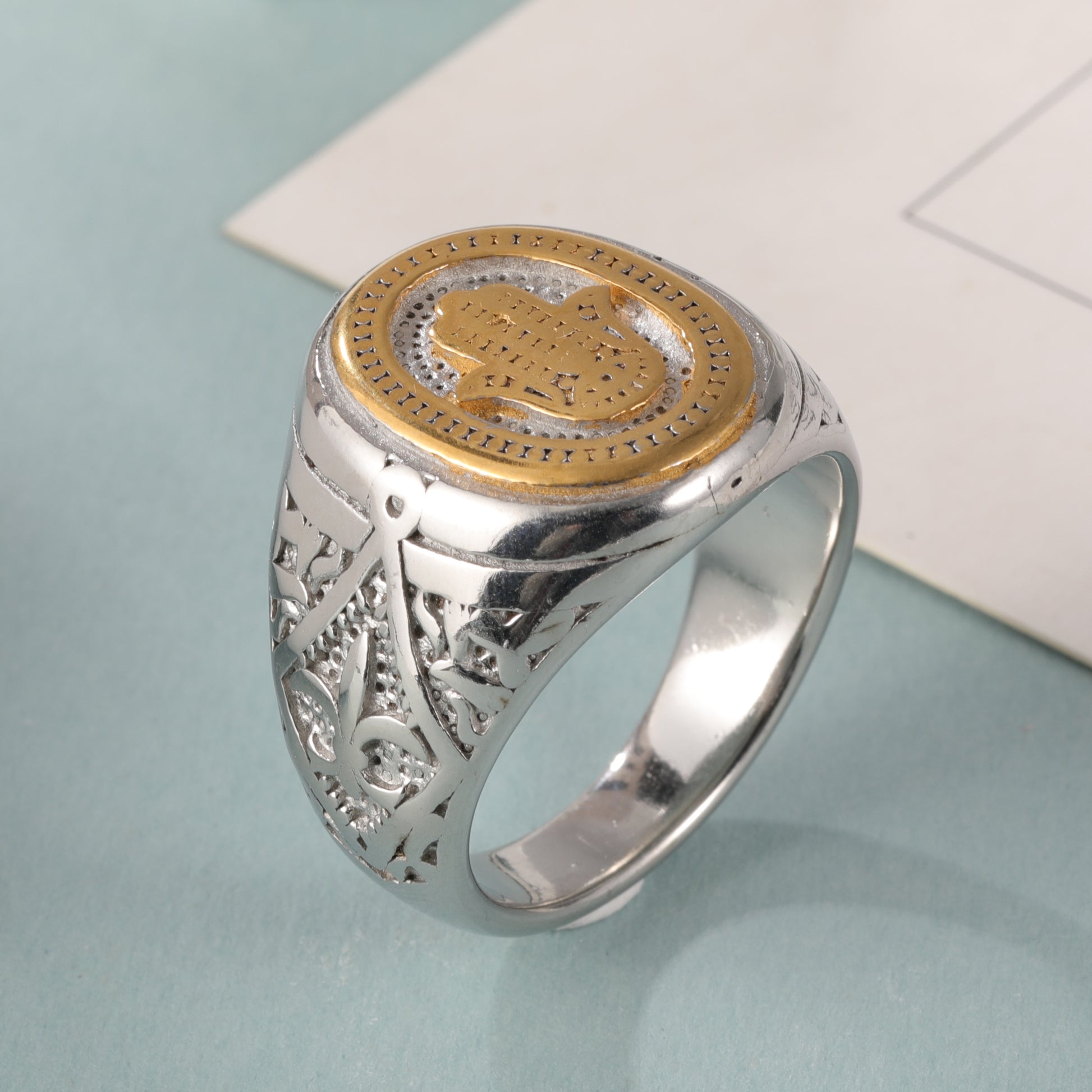 Hamsa and Two-Tone Design Gold and Silver Stainless Steel Ring with Hamsa Symbol and Intricate Carving, Vintage and Modern Blend, Perfect Faith Ring for Men, Ideal Gift