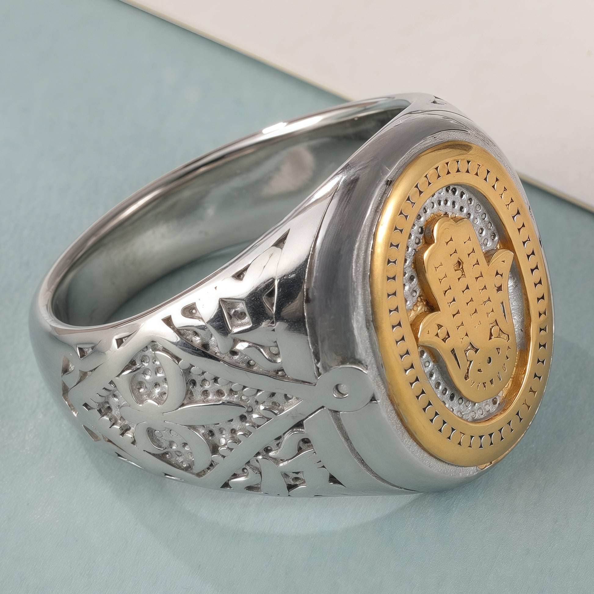 Hamsa and Two-Tone Design Gold and Silver Stainless Steel Ring with Hamsa Symbol and Intricate Carving, Vintage and Modern Blend, Perfect Faith Ring for Men, Ideal Gift