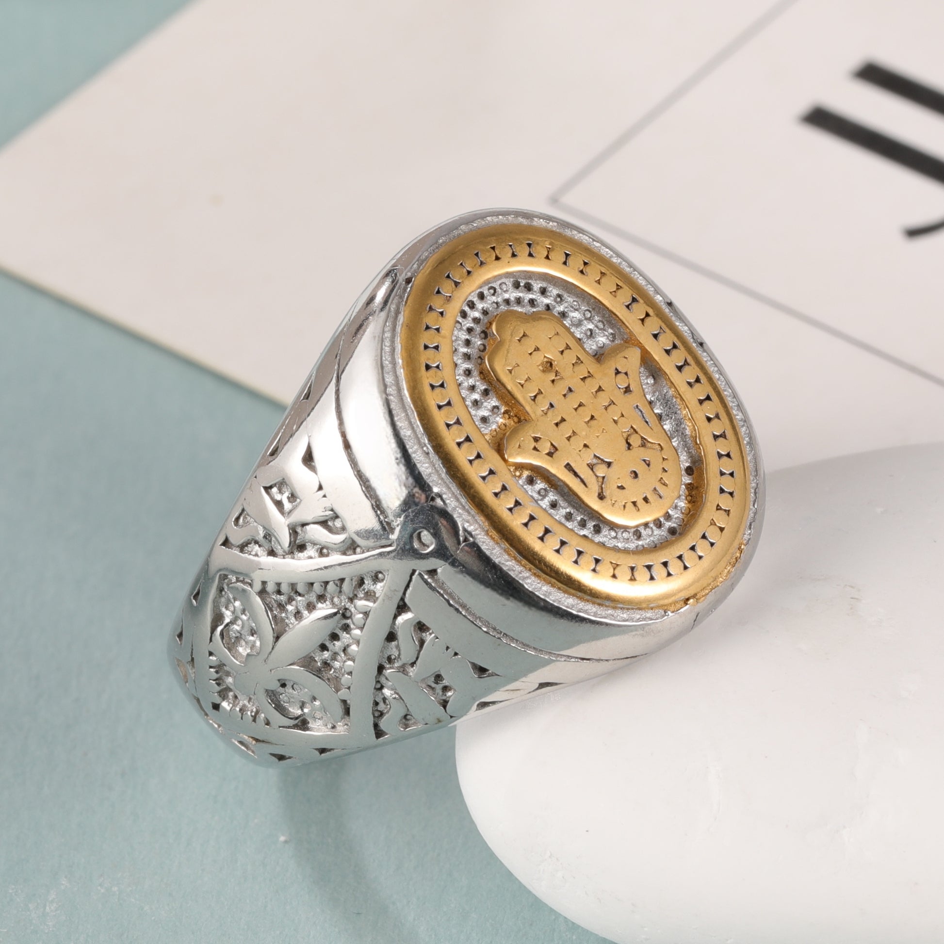 Hamsa and Two-Tone Design Gold and Silver Stainless Steel Ring with Hamsa Symbol and Intricate Carving, Vintage and Modern Blend, Perfect Faith Ring for Men, Ideal Gift