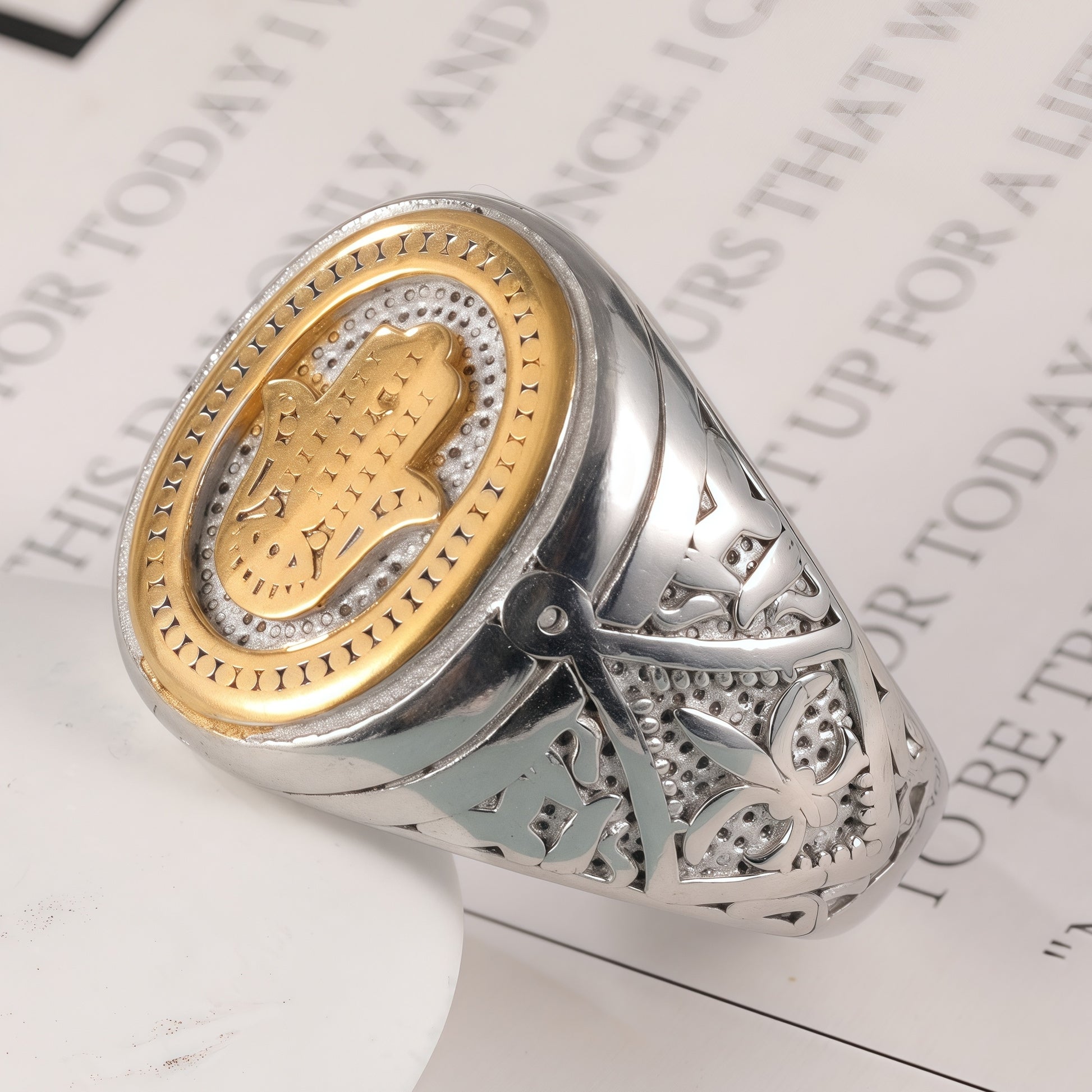 Hamsa and Two-Tone Design Gold and Silver Stainless Steel Ring with Hamsa Symbol and Intricate Carving, Vintage and Modern Blend, Perfect Faith Ring for Men, Ideal Gift