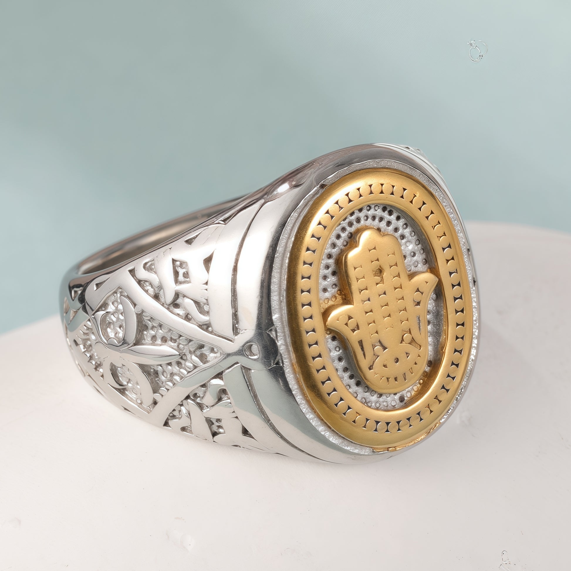 Hamsa and Two-Tone Design Gold and Silver Stainless Steel Ring with Hamsa Symbol and Intricate Carving, Vintage and Modern Blend, Perfect Faith Ring for Men, Ideal Gift