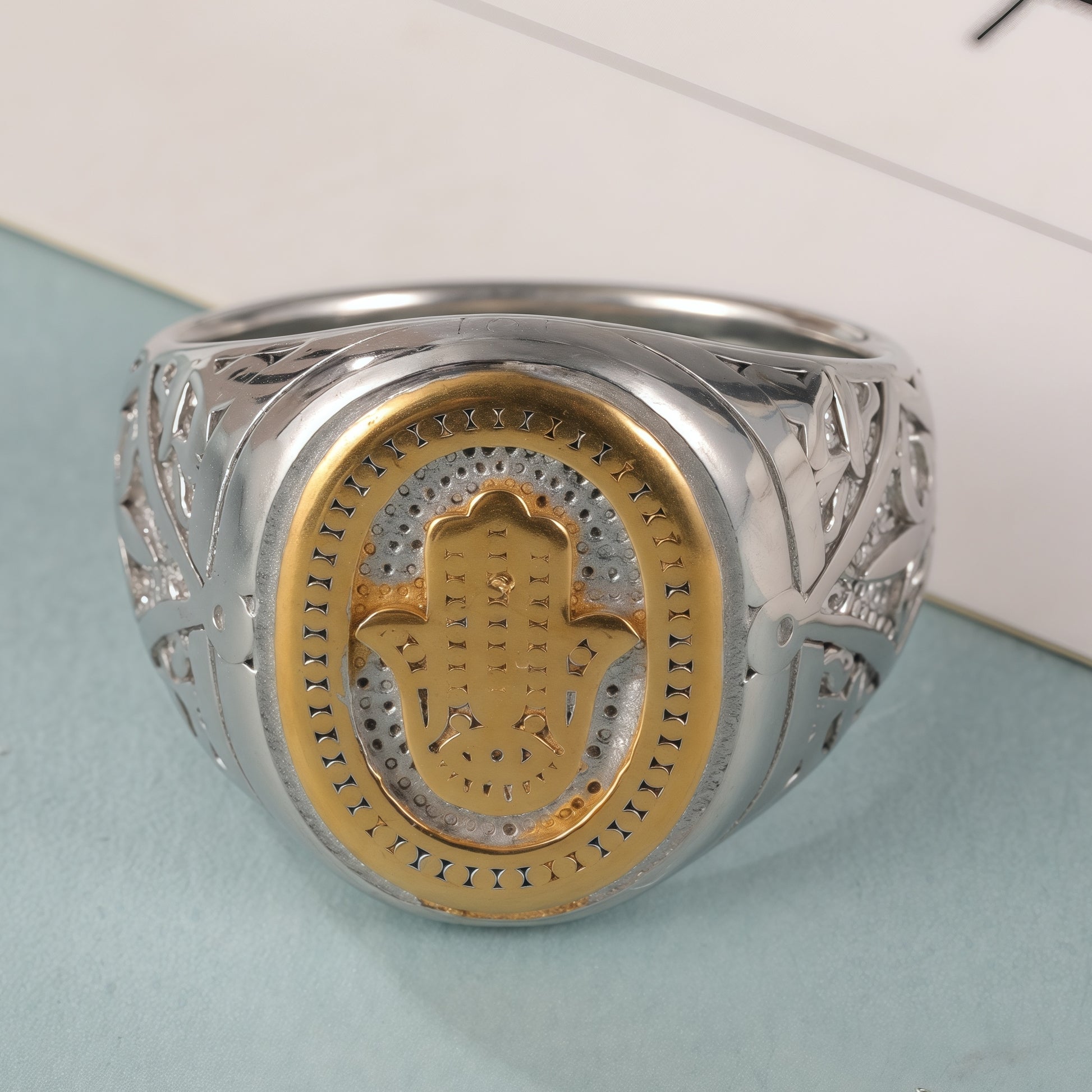 Hamsa and Two-Tone Design Gold and Silver Stainless Steel Ring with Hamsa Symbol and Intricate Carving, Vintage and Modern Blend, Perfect Faith Ring for Men, Ideal Gift