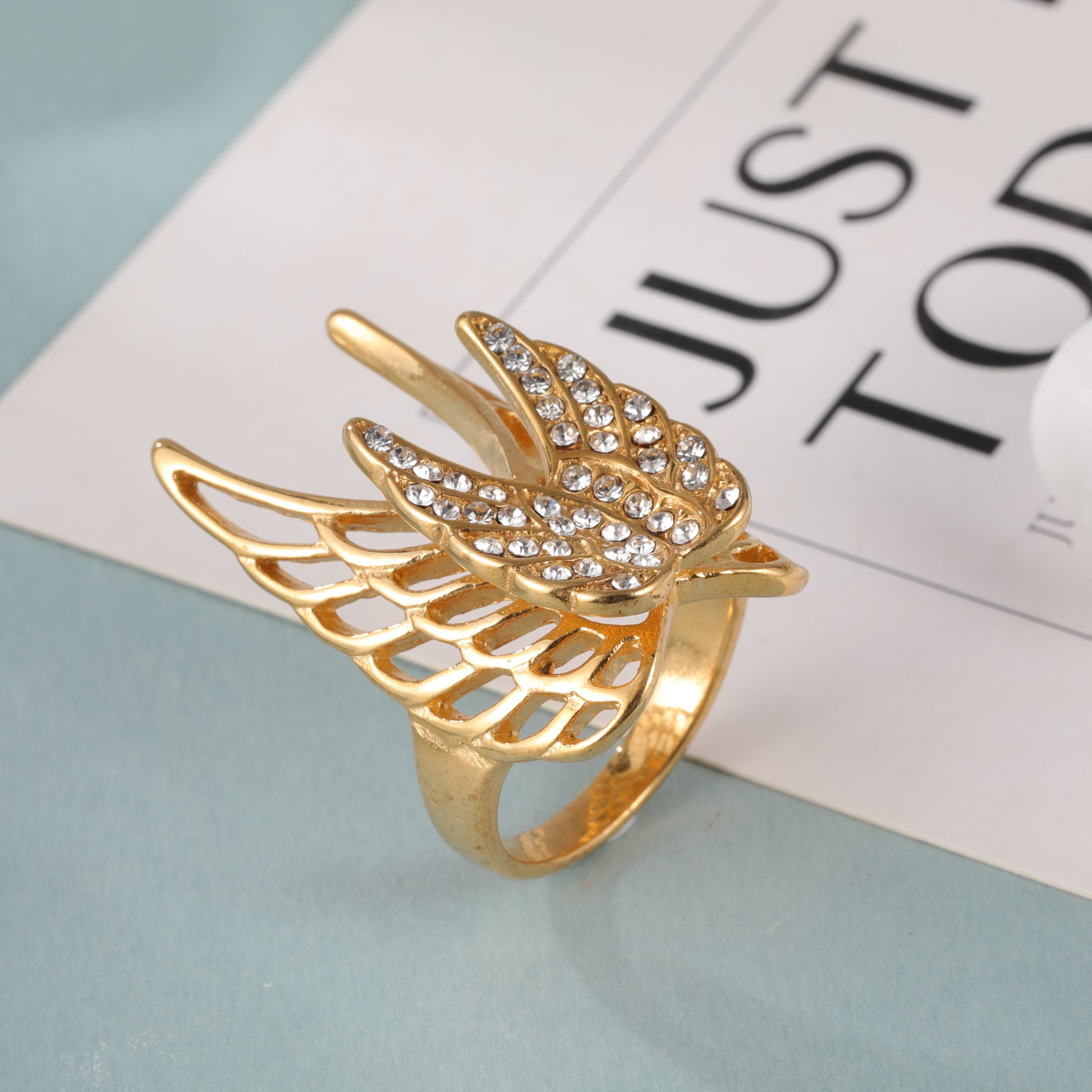 24k Gold Inlaid Crystal Wing Pattern Stainless Steel Female Ring丨C-306