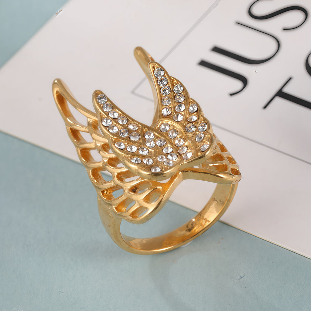 24k Gold Inlaid Crystal Wing Pattern Stainless Steel Female Ring丨C-306