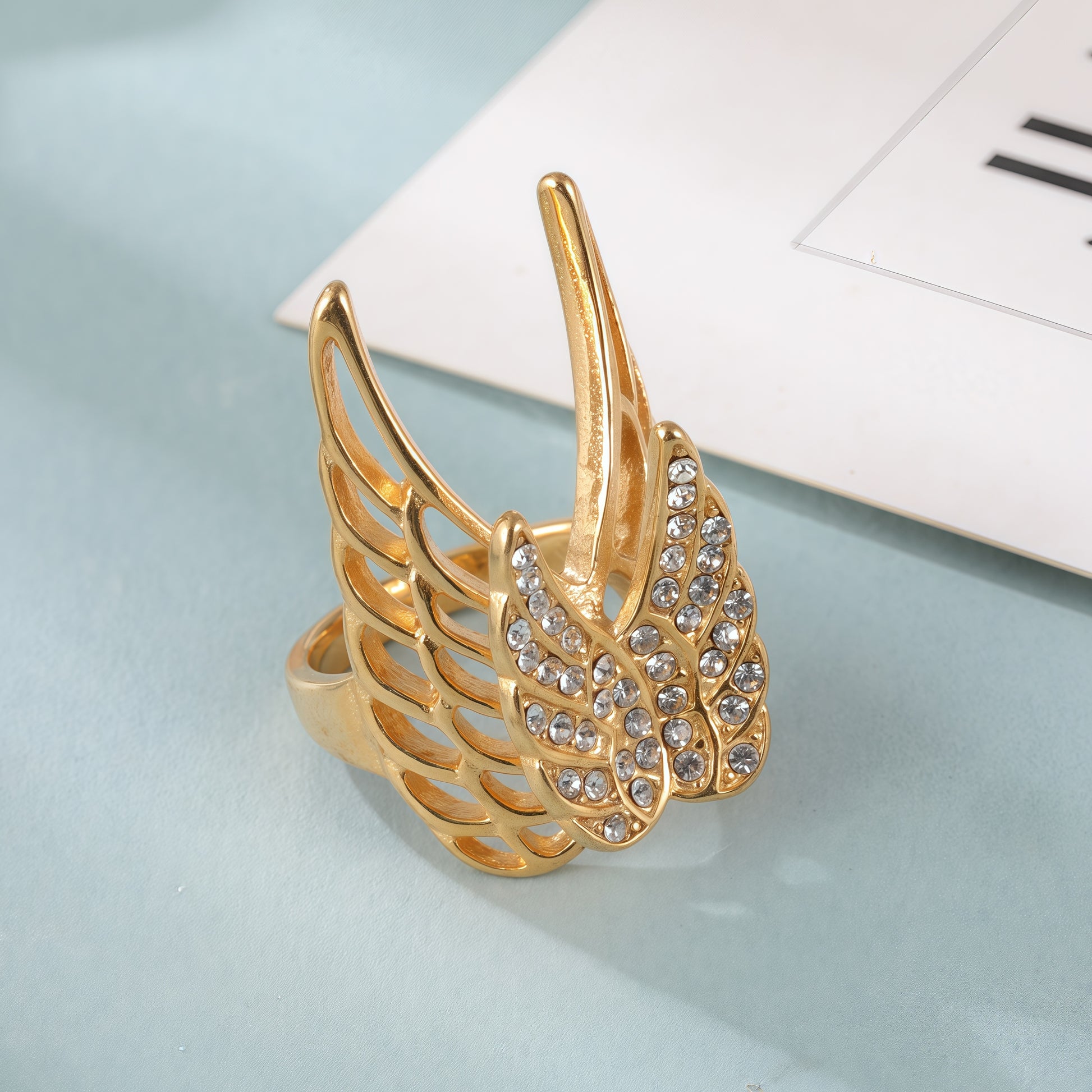 24k Gold Inlaid Crystal Wing Pattern Stainless Steel Female Ring丨C-306