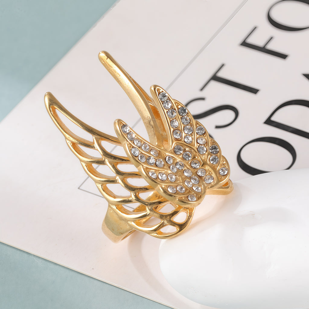 24k Gold Inlaid Crystal Wing Pattern Stainless Steel Female Ring丨C-306
