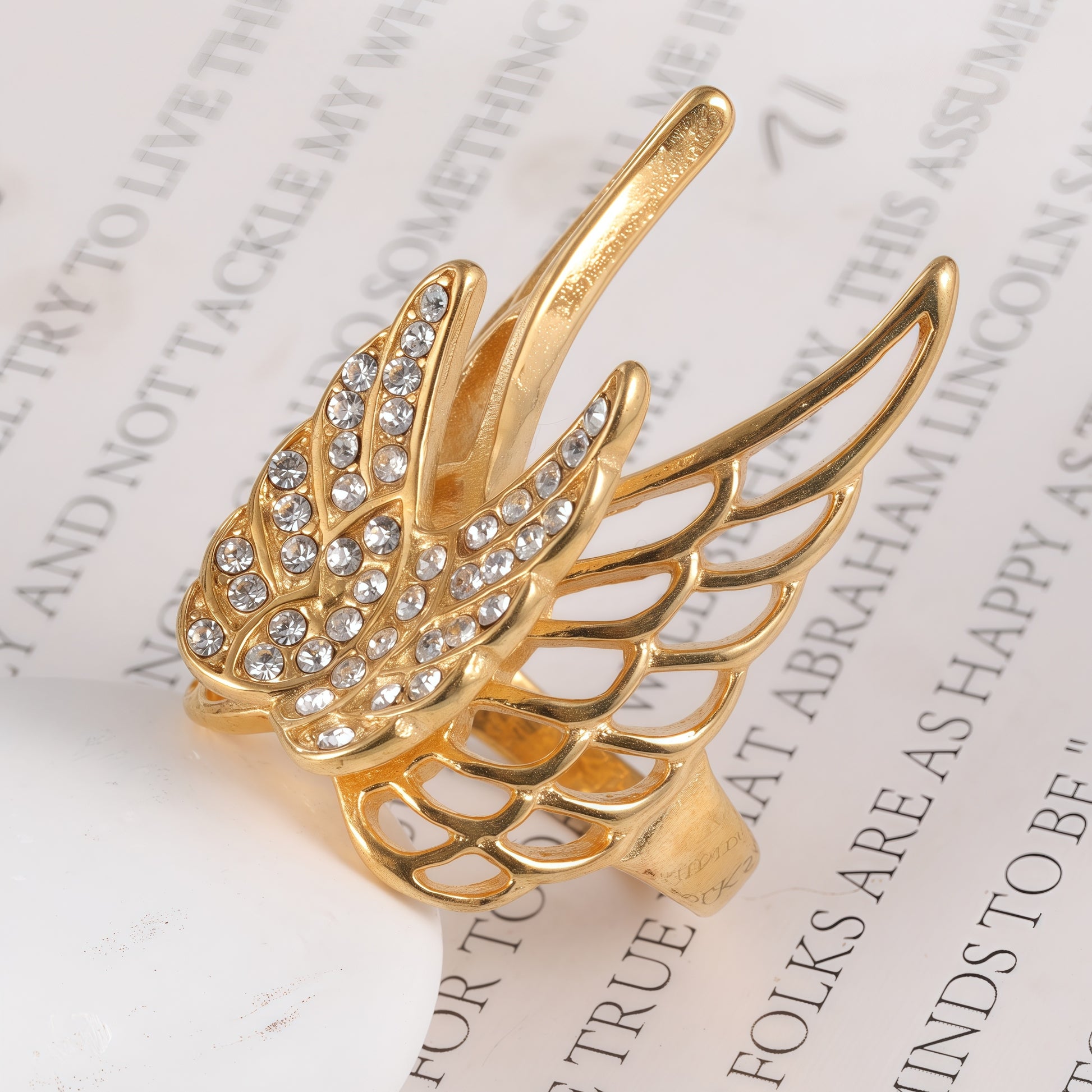 24k Gold Inlaid Crystal Wing Pattern Stainless Steel Female Ring丨C-306