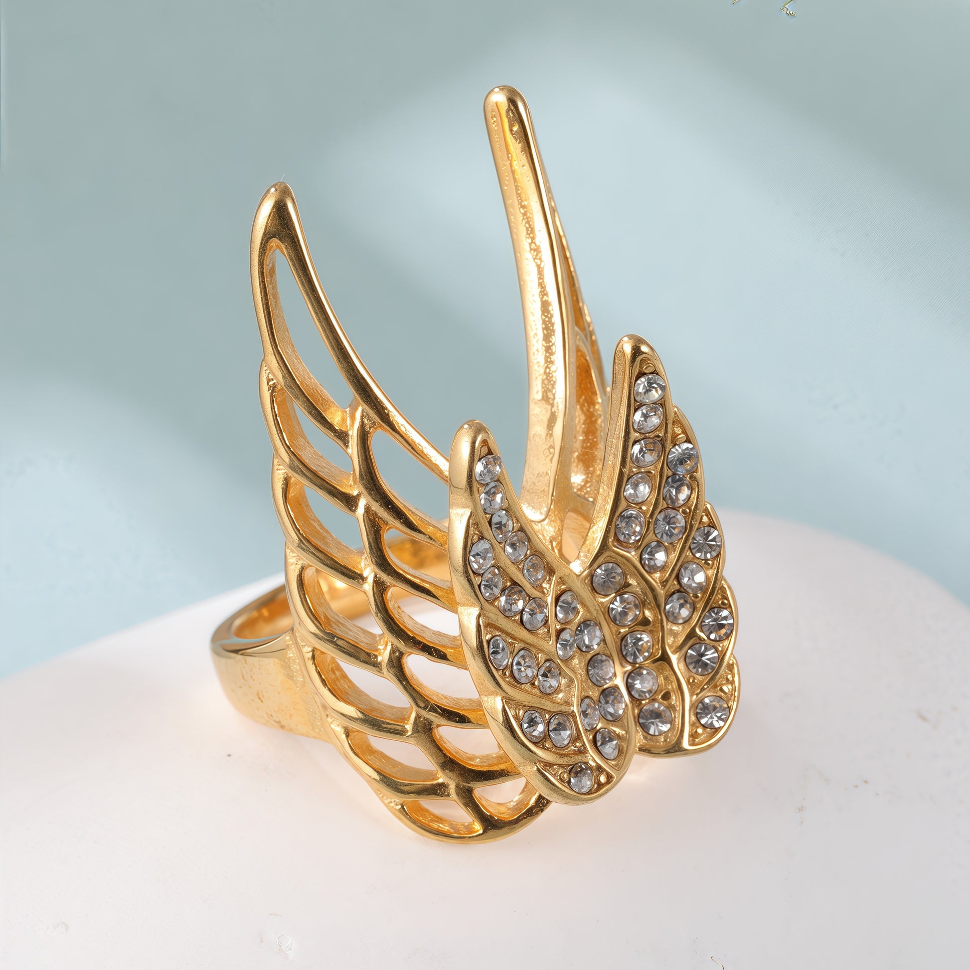 24k Gold Inlaid Crystal Wing Pattern Stainless Steel Female Ring丨C-306