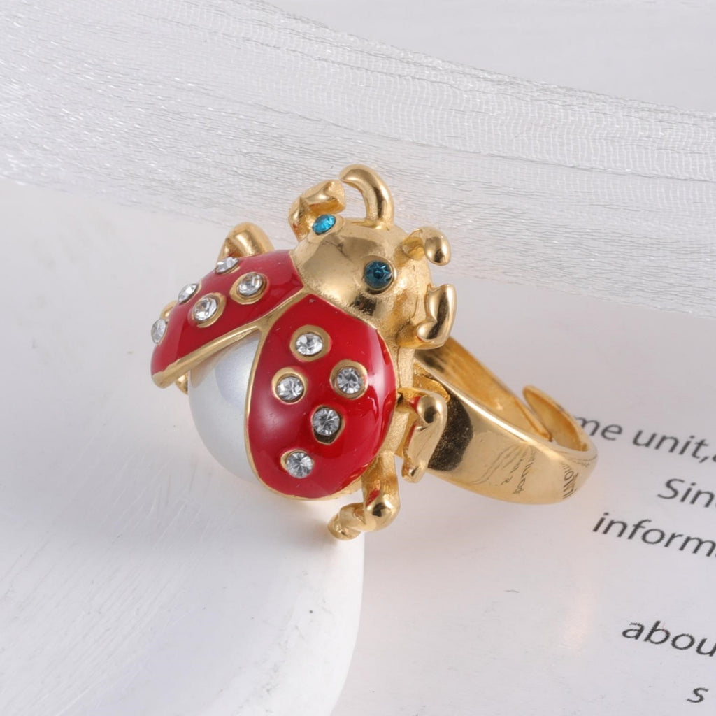 Cute lucky diamond-encrusted ladybug stainless steel Waterproof Waterproof Ring丨K007541J