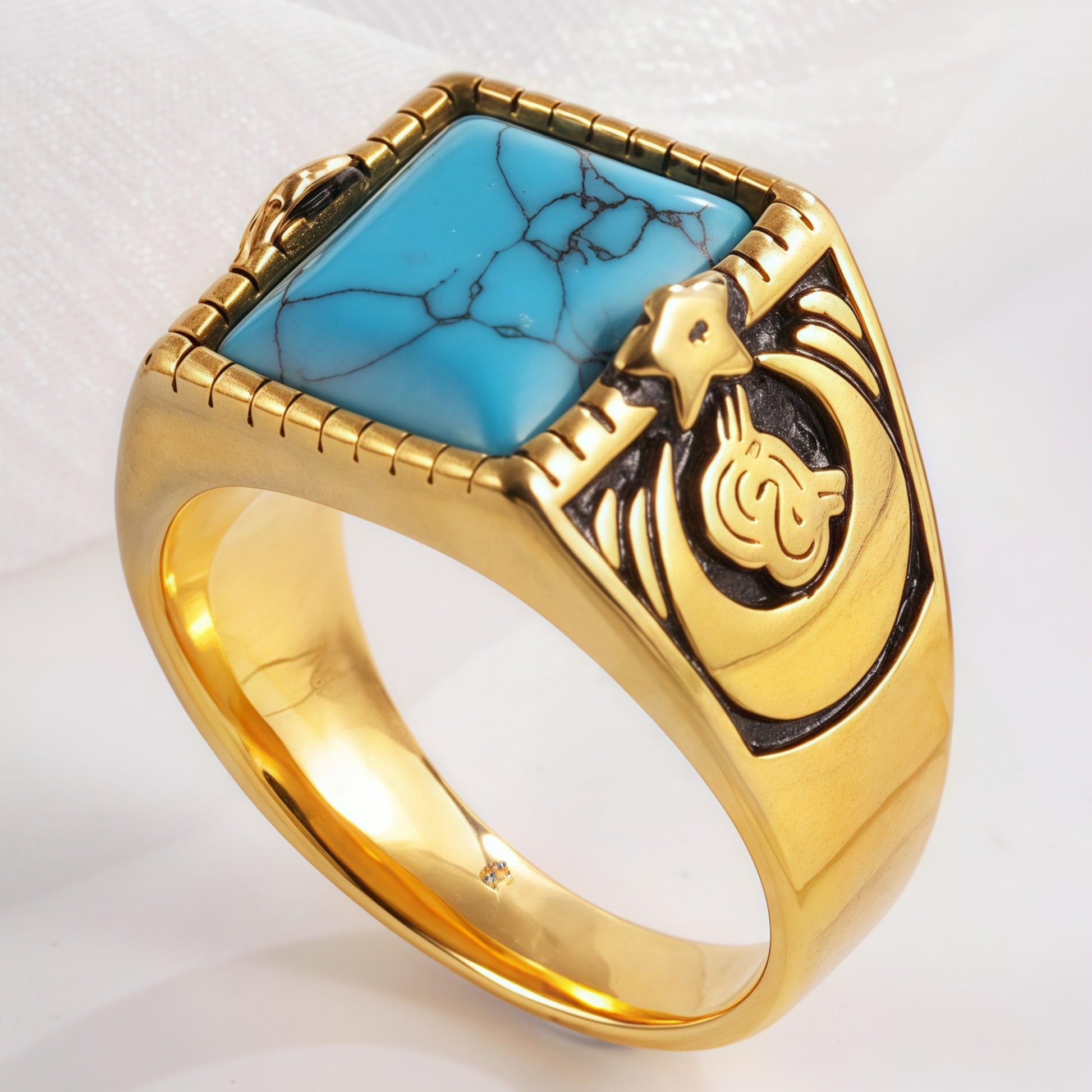 Vintage blue turquoise ring gold plated carved stainless steel men's ring | BL67