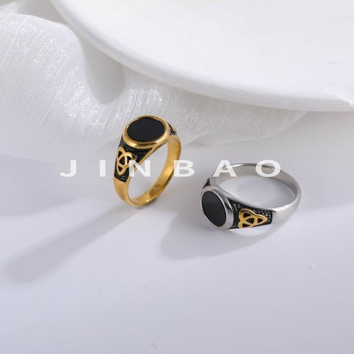 Black Round Inlaid Retro Personalized Stainless Steel Men's Ring | K002933