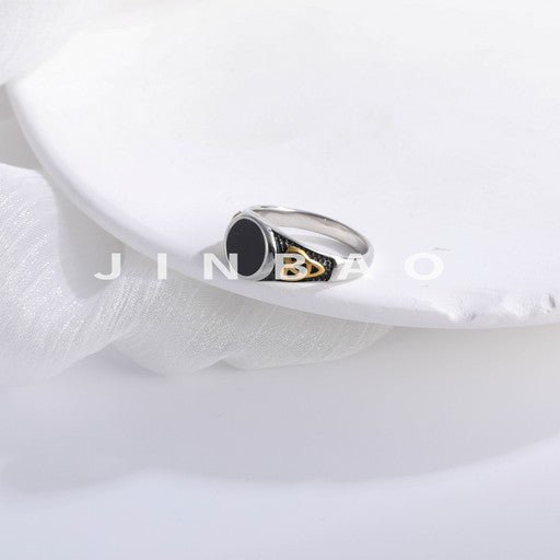 Black Round Inlaid Retro Personalized Stainless Steel Men's Ring | K002933