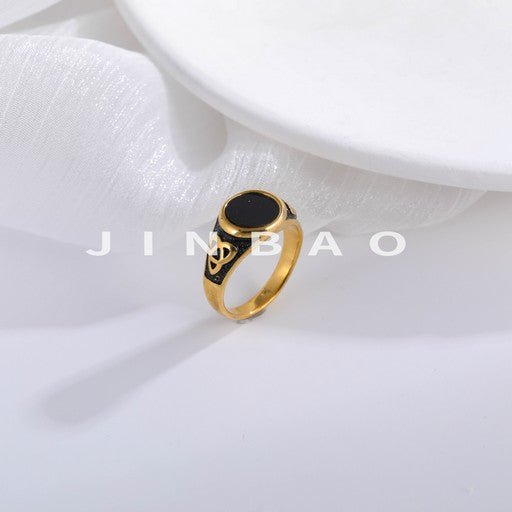 Black Round Inlaid Retro Personalized Stainless Steel Men's Ring | K002933