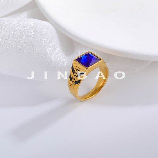 Bold Square Gemstone Stainless Steel Ring Greek Key Design for Men | BL1099-JinBaoJewelry