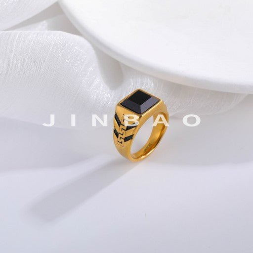 Bold Square Gemstone Stainless Steel Ring Greek Key Design for Men | BL1099-JinBaoJewelry
