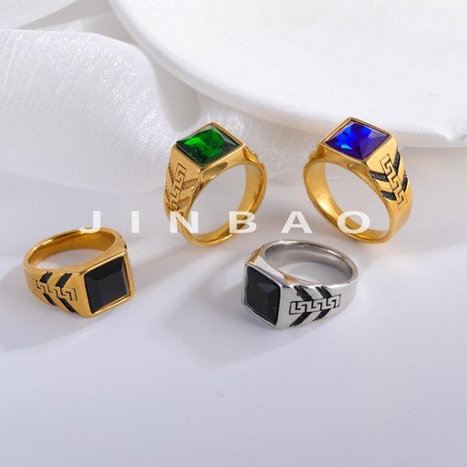 Bold Square Gemstone Stainless Steel Ring Greek Key Design for Men | BL1099-JinBaoJewelry