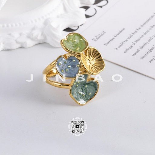 Bold Stainless Steel Ring with Green and Blue Floral Design for Women | G004481-JinBaoJewelry