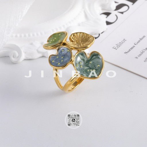 Bold Stainless Steel Ring with Green and Blue Floral Design for Women | G004481-JinBaoJewelry