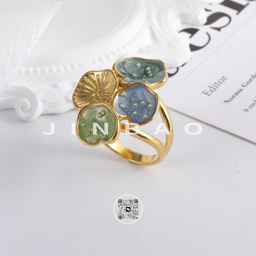 Bold Stainless Steel Ring with Green and Blue Floral Design for Women | G004481-JinBaoJewelry