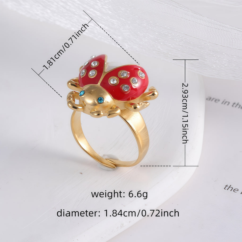 Cute lucky diamond-encrusted ladybug stainless steel Waterproof Waterproof Ring丨K007541J