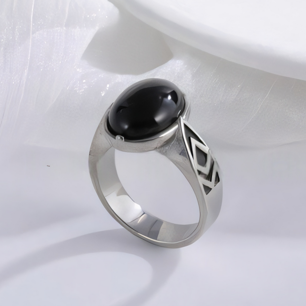 Classic Black Gemstone Ring Stylish Geometric Design Stainless Steel Ring for Men | K00738