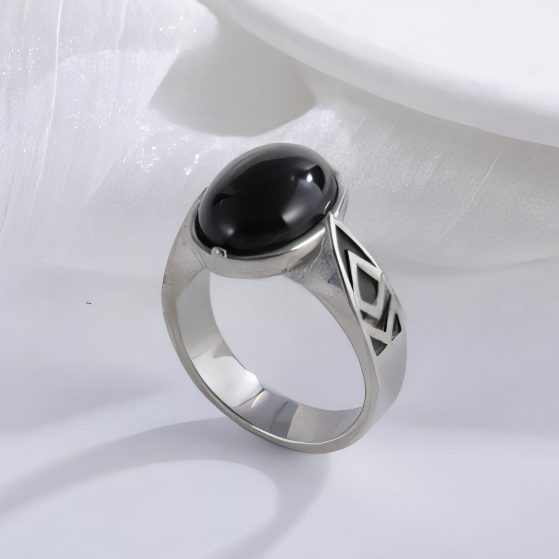 Classic Black Gemstone Ring Stylish Geometric Design Stainless Steel Ring for Men | K00738