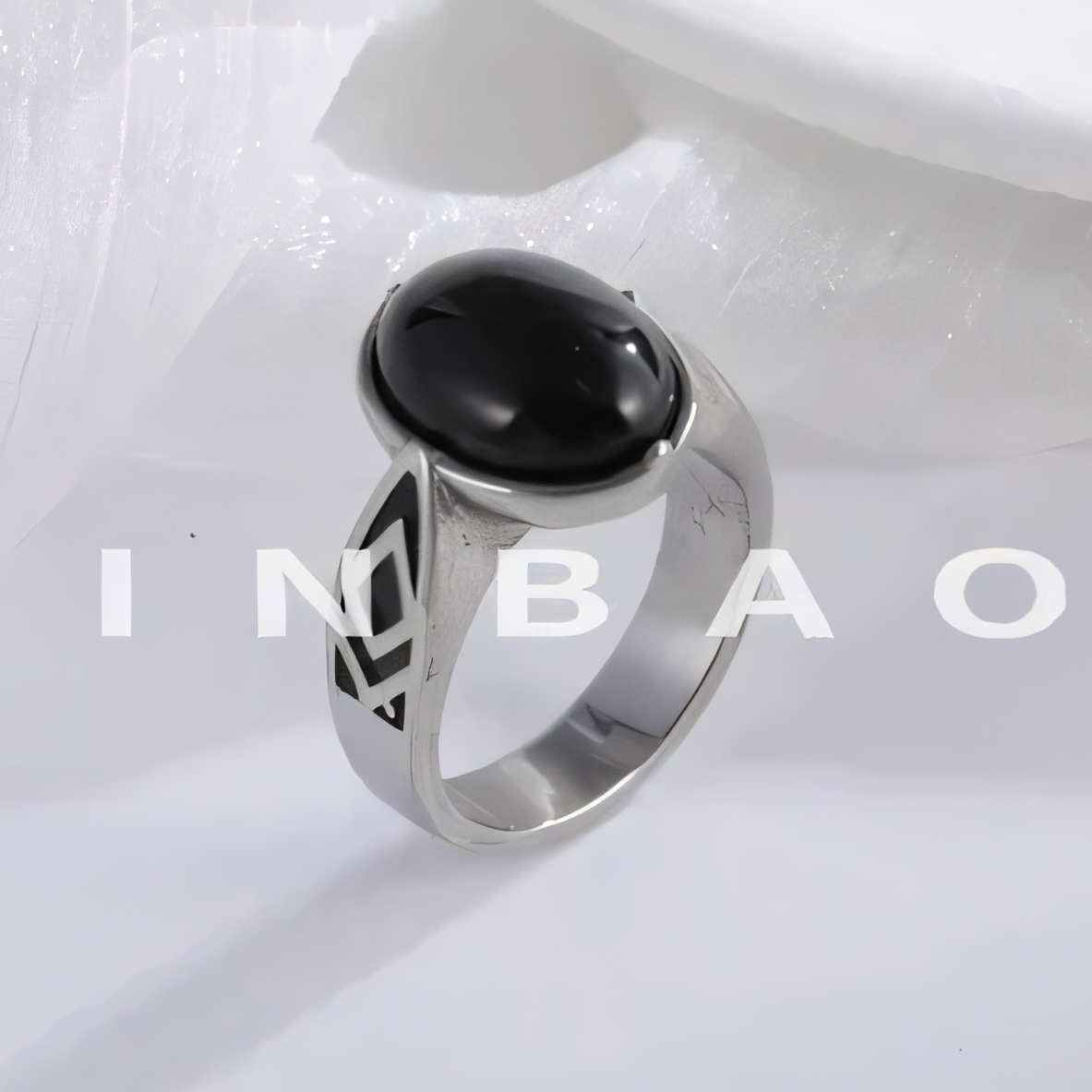 Classic Black Gemstone Ring Stylish Geometric Design Stainless Steel Ring for Men | K00738