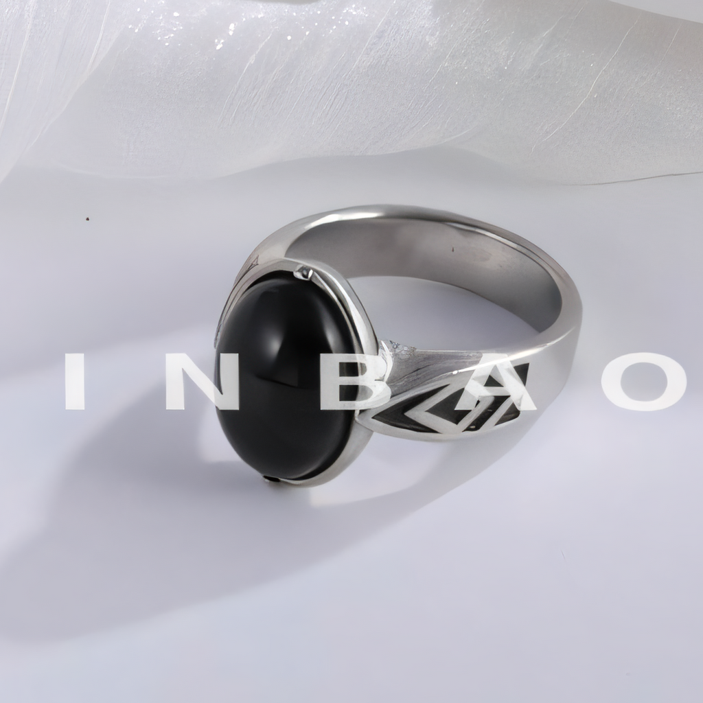 Classic Black Gemstone Ring Stylish Geometric Design Stainless Steel Ring for Men | K00738