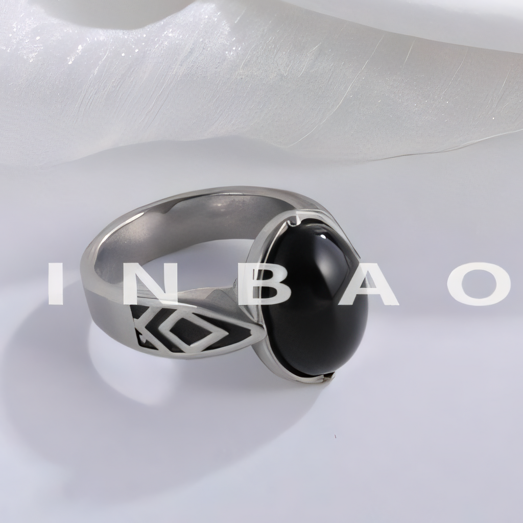 Classic Black Gemstone Ring Stylish Geometric Design Stainless Steel Ring for Men | K00738