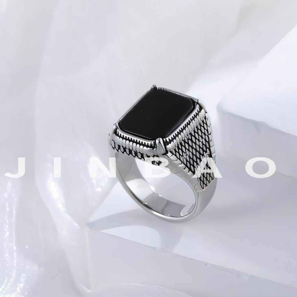 Classic Black Onyx Ring Stainless Steel Square Signet Design for Men | K002773