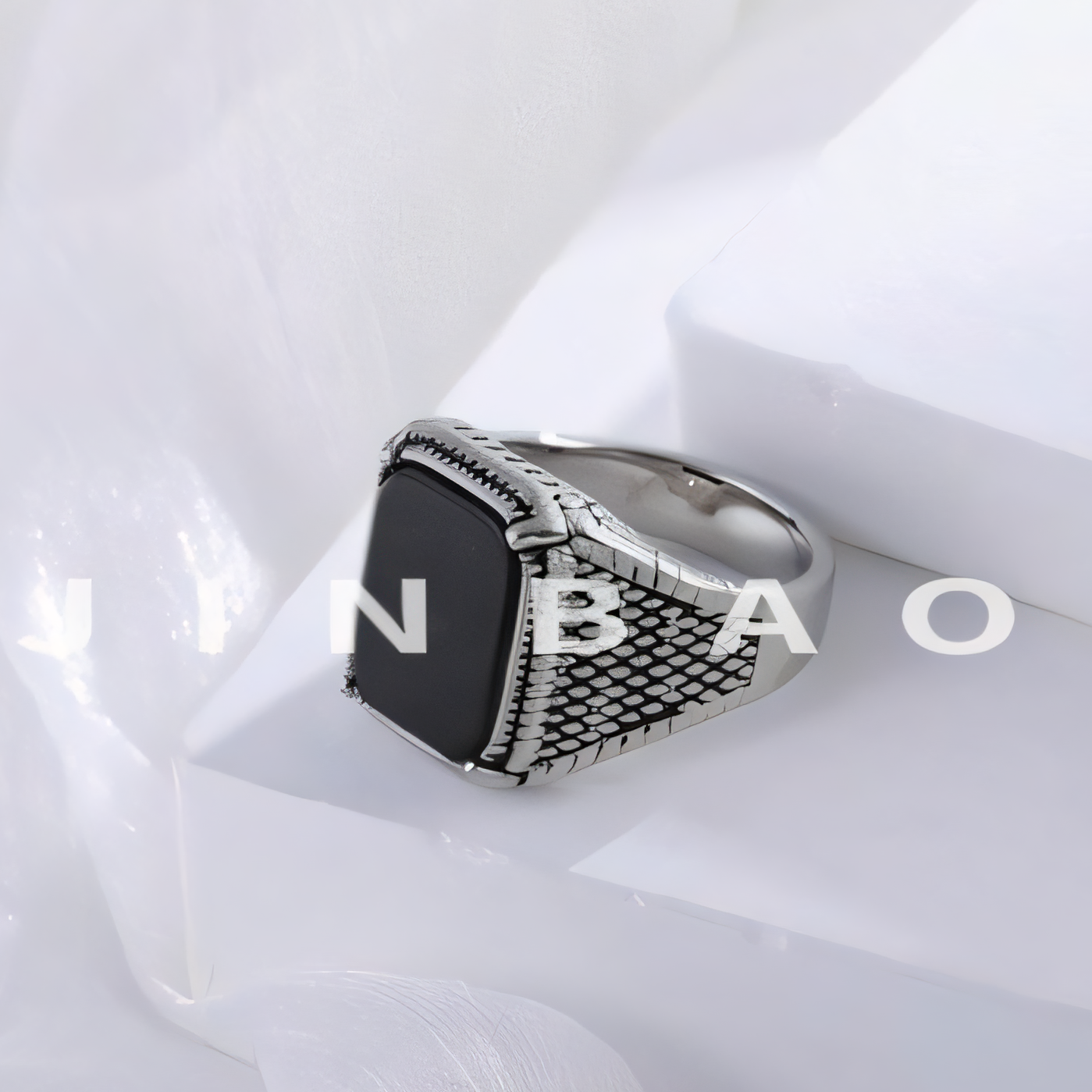 Classic Black Onyx Ring Stainless Steel Square Signet Design for Men | K002773