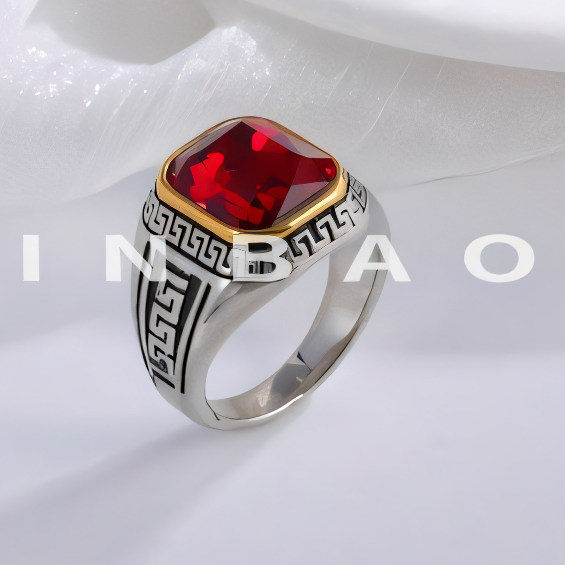 Classic Greek Pattern Gemstone Ring Stainless Steel Square Style for Men | BL1183