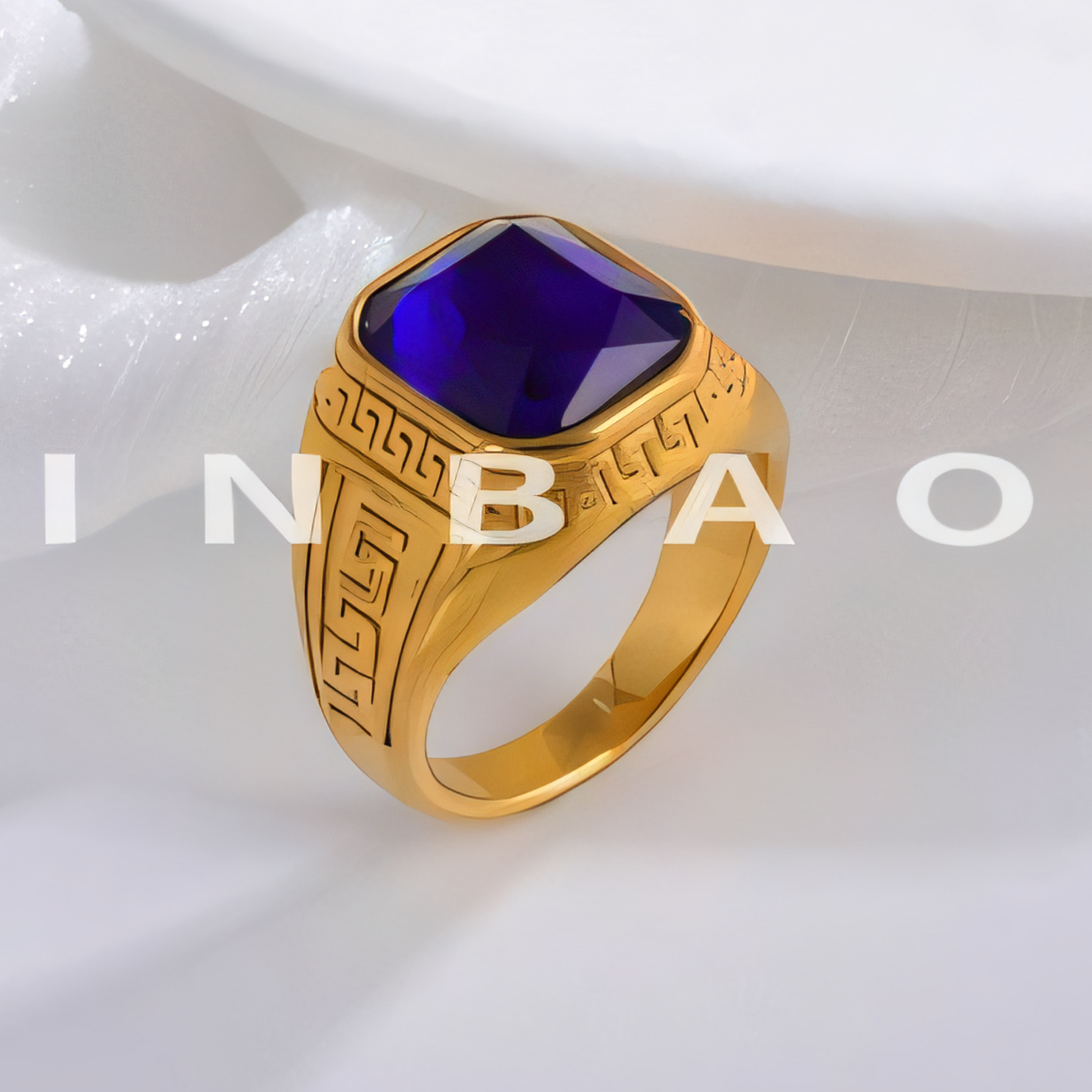Classic Greek Pattern Gemstone Ring Stainless Steel Square Style for Men | BL1183