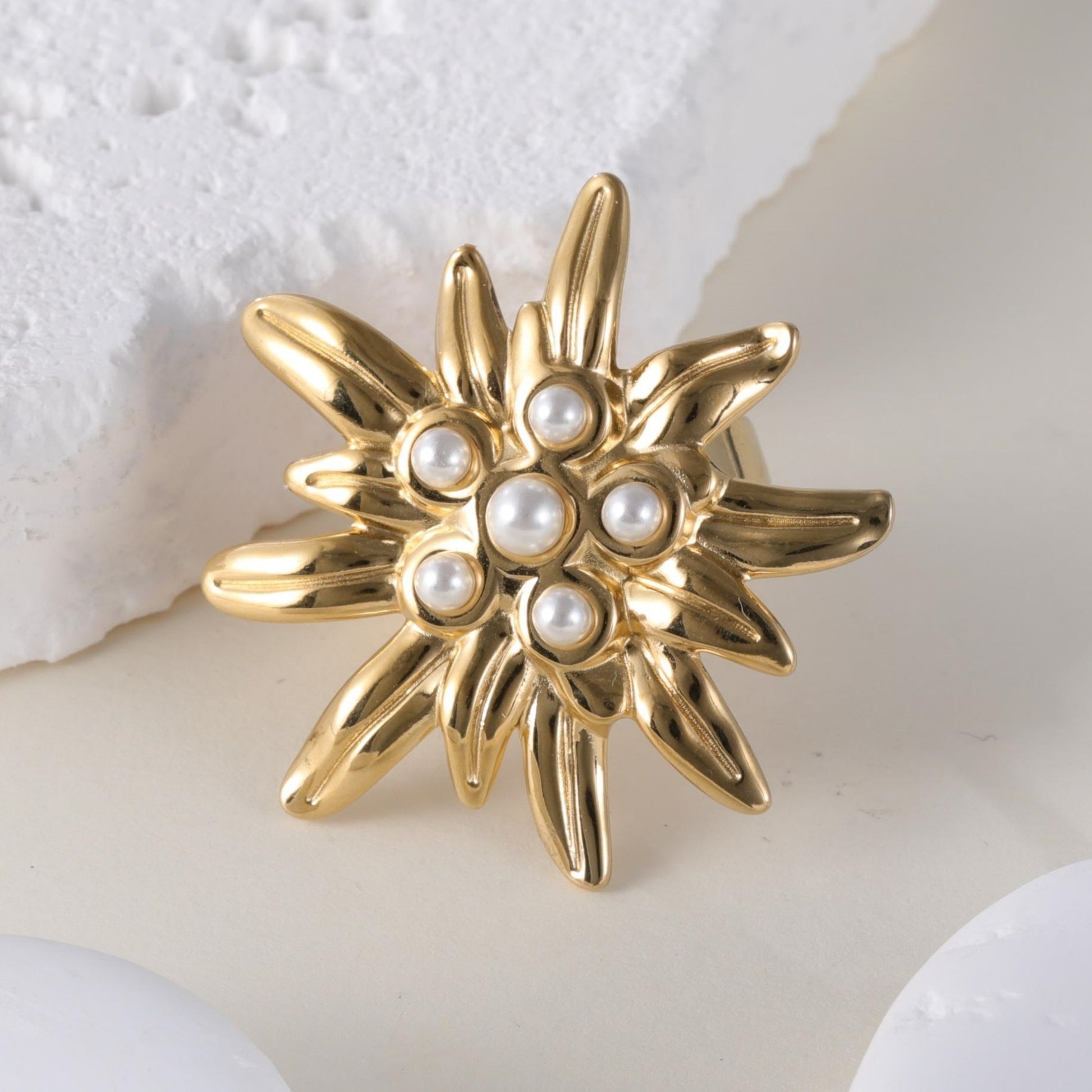 Elegant Ladies Flower Pearl Stainless Steel Ladies Waterproof Ring丨K003674