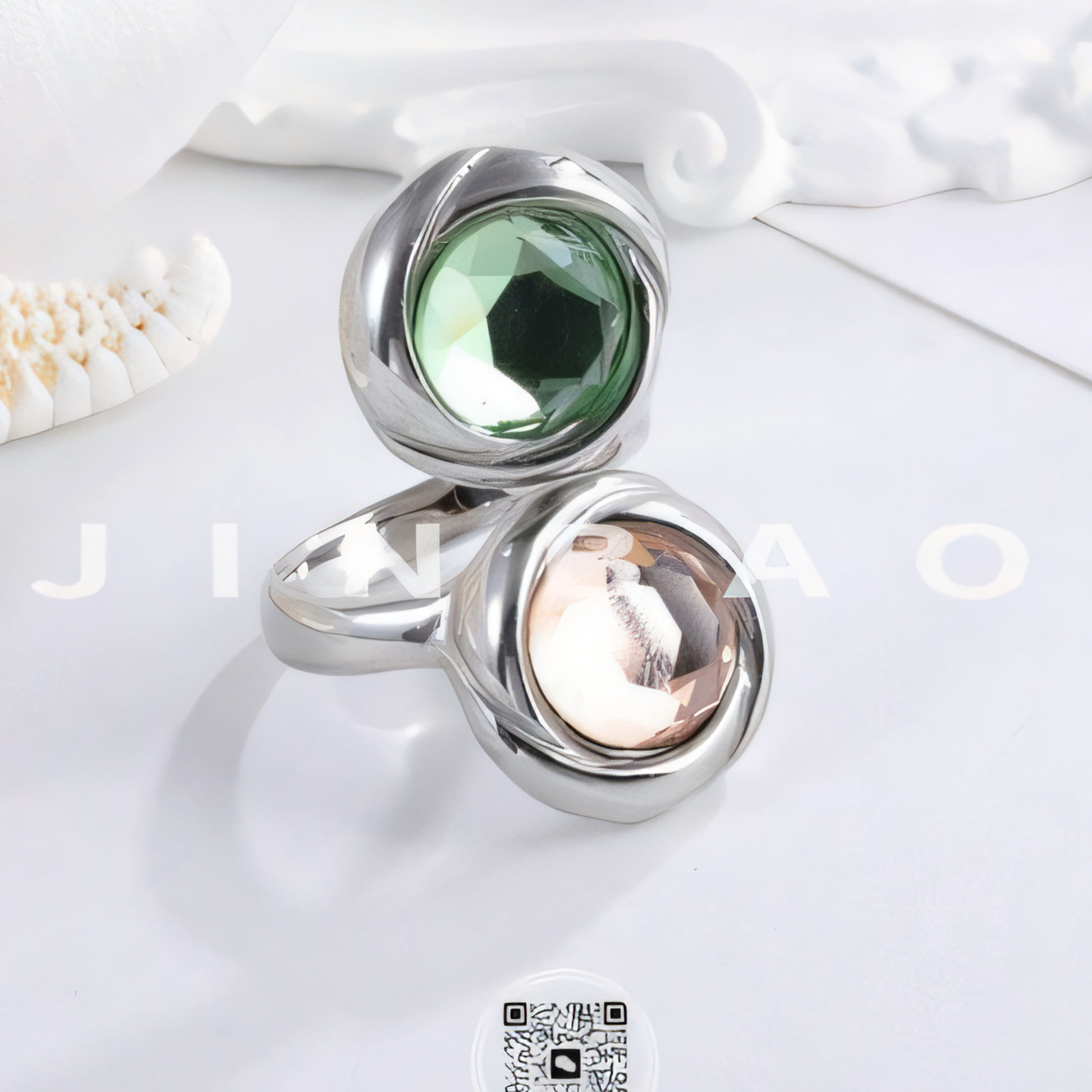 Elegant Stainless Steel Ring with Double Gemstone Design for Women |  G004502