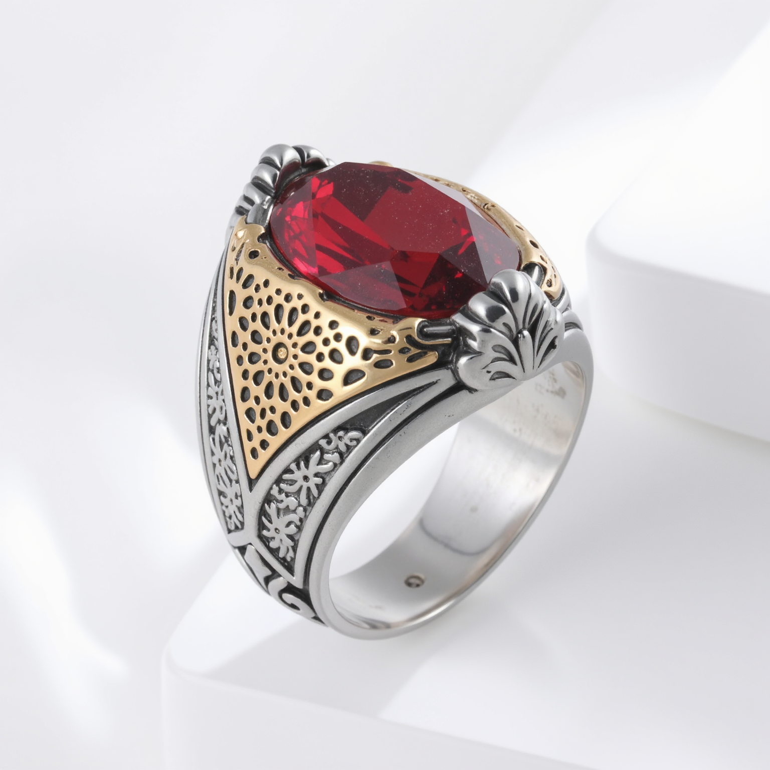 Vintage Stainless Steel Ring with Red Gemstone Classic Fashion for Men | K002779