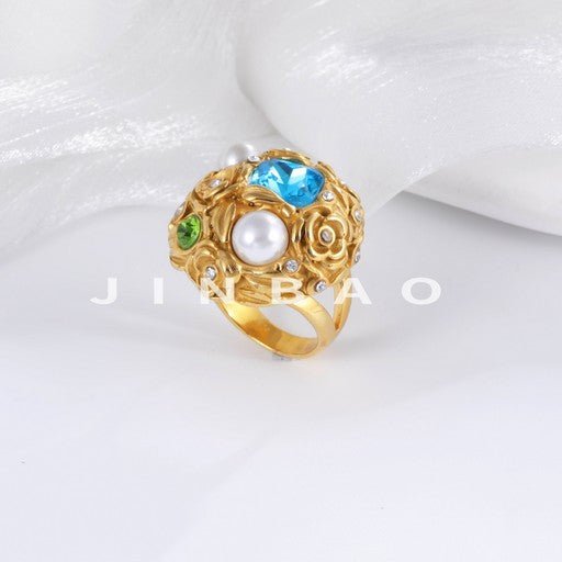 Floral Pearl Gemstone Inlaid Classic Fashion Stainless Steel Women's Ring | G004570