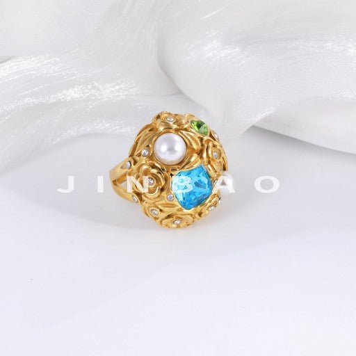 Floral Pearl Gemstone Inlaid Classic Fashion Stainless Steel Women's Ring | G004570