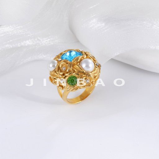 Floral Pearl Gemstone Inlaid Classic Fashion Stainless Steel Women's Ring | G004570