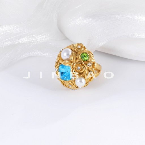 Floral Pearl Gemstone Inlaid Classic Fashion Stainless Steel Women's Ring | G004570