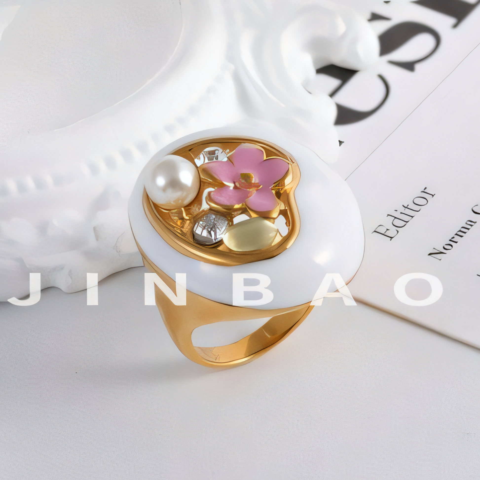 Floral Stainless Steel Resin Ring with Pearls Classic Fashion for Women | G004475
